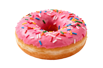 Delicious donut with pink icing and colorful sprinkles