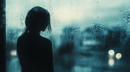 Obraz premium A woman stands alone in front of a rain-covered window, illuminated by distant lights, embodying cinematic solitude and reflective emotion that capture the beauty and mystery of rainy urban evenings