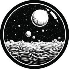 Cosmic Landscape With Planet And Stars Engraved Vector