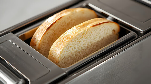 Two slices of bread being toasted in a modern stainless steel toaster, close-up view from above. - Powered by Adobe