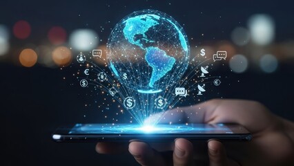 Hand holding phone projecting holographic global network technology icons