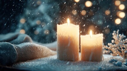 intimate holiday candles lit during a gentle snowfall,
