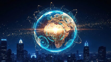 Digital earth hologram above a dark city skyline at night.