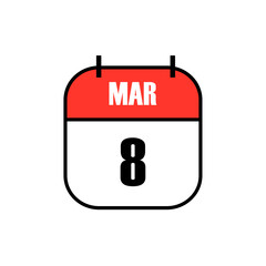 Red and white calendar icon showing March 8 in bold black font, celebrating International Women's Day, honoring global achievements and advocating gender equality