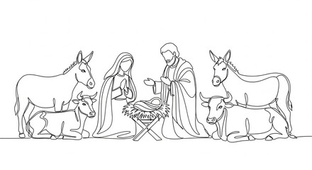 Christmas nativity scene with baby Jesus. Continuous line drawing isolated on white background. Christmas concept.