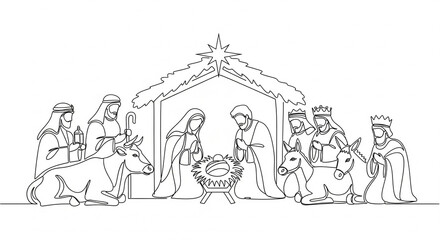 Christmas nativity scene with baby Jesus. Continuous line drawing isolated on white background. Christmas concept.