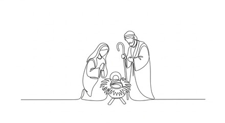 Christmas nativity scene with baby Jesus. Continuous line drawing isolated on white background. Christmas concept.