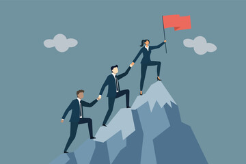 Business Team Climbing Mountain to Success: Corporate Teamwork and Leadership Concept with Flag