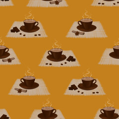 Seamless pattern, isolated drawing of a steaming coffee cup on a napkin, cinnamon stick, coffee, chocolate, and star anise on an orange background. Vector illustration.