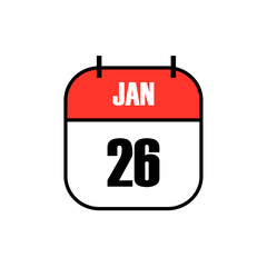 Red and white calendar icon showing January 26 in bold black font, commemorating India Republic Day as a national holiday with clean, symbolic design