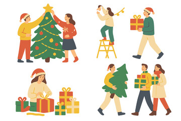 Festive holiday scenes of people decorating a Christmas tree and exchanging wrapped gifts