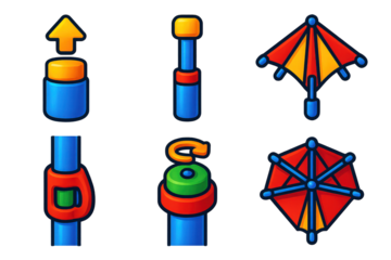 Umbrella Mechanism Icons. 3D icon set of umbrella mechanisms: spring button release, telescopic shaft, fabric stretchers, locking