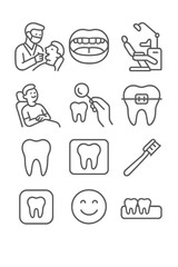 Collection of outline symbols representing dental care, oral hygiene, and dentistry procedures