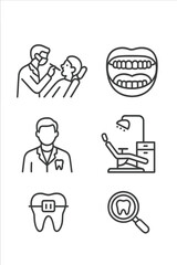 Fototapeta premium Outline symbols for dental care, dentistry, dentist, patient, equipment, braces, and teeth examination