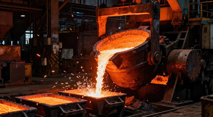 Molten metal pours from a furnace into molds in an intense industrial foundry scene