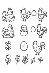 Cute farm animals chickens roosters chicks eggs nests and spring flowers