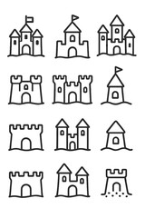 Fototapeta premium Set of minimalist outline symbols depicting fortresses, medieval towers, and sandcastle structures