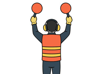 Airport ground crew member signaling with two orange paddles and wearing safety gear