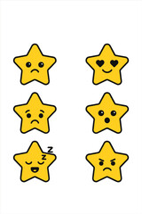 Set of six cartoon star emoticons expressing various feelings and moods