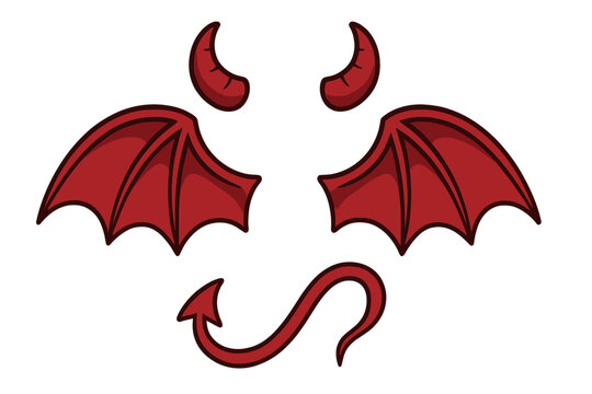 Red devil costume accessories set with horns, bat wings, and curved tail