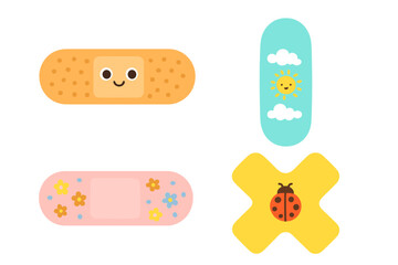 Colorful cartoon plasters featuring smiling faces, sun, flowers, and a ladybug