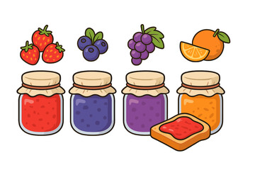 Colorful fruit preserves assortment in glass jars with fresh strawberry, blueberry, grape, and orange