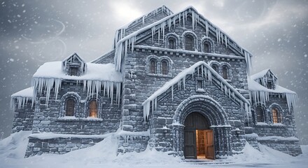 Ancient stone building covered in ice and snow during a winter storm, with warm light glowing from within.