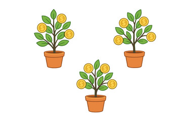 Three potted money trees growing golden dollar coins symbolizing financial investment and profit
