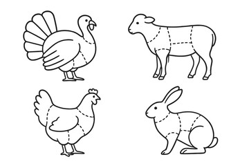 Primal meat cuts diagram featuring turkey, lamb, chicken, and rabbit animals