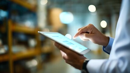 Faceless warehouse manager using digital tablet defocused smart warehouse background with inventory showing management software dashboard logistics technology modern supply cha - Powered by Adobe