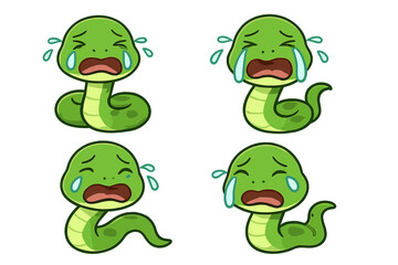 Four identical cute green cartoon snakes crying with tears streaming down their faces