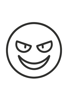 Minimalist black and white graphic of an evil smiling face emoji expressing mischief and malice