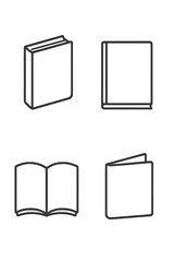 Four minimalist line icons of books in closed, open, and standing positions for education