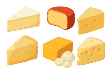 Collection of various dairy cheeses including cheddar, brie, mozzarella, and Swiss