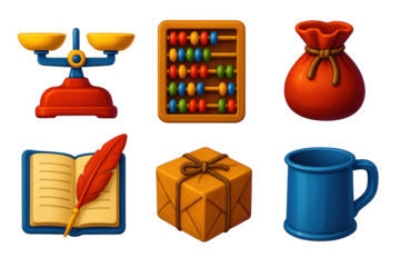 Vintage Trade Tools. 3D icon set of old-world trade instruments: vintage scale, wooden abacus, leather coin pouch, quill and