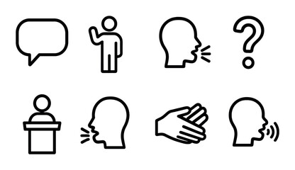 Icon set depicting communication and speech concepts in dark theme