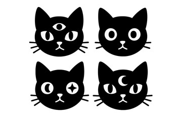 Set of four minimalist black cat heads adorned with mystical occult symbols