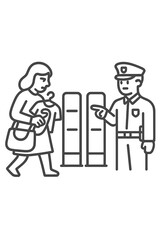 Security guard pointing at a woman carrying clothes near anti-theft detection gates