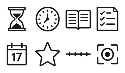 Icon set: time, calendar, book, checklist, star, focus, and more