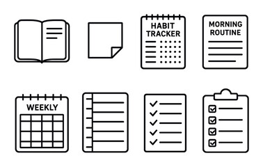 Minimalist icons of habit trackers and routine planners on dark background