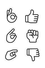 Six common hand gestures including thumbs up, thumbs down, OK sign, and closed fist symbols