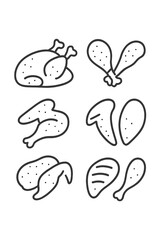 Collection of chicken meat cuts including whole roasted poultry, drumsticks, wings, and breast pieces