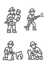 Firefighter rescue actions set with saving person, fighting fire, and helping pet cat