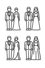Simple outline pictograms showing couples dressed in wedding gowns and formal suits