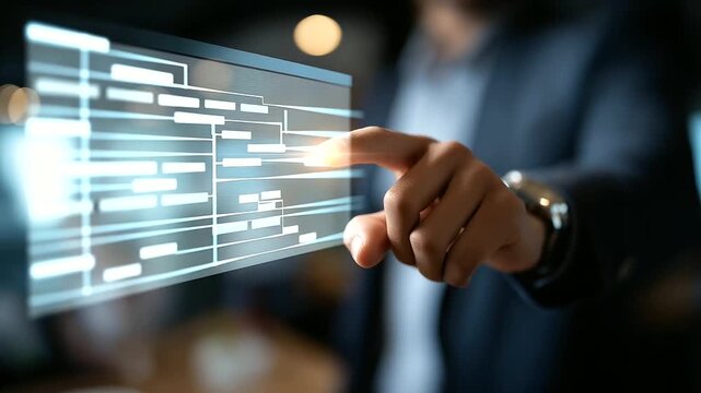 Faceless project manager's hand pressing virtual screen button defocused office background updating tasks with milestones progress Gantt chart scheduling diagram professional