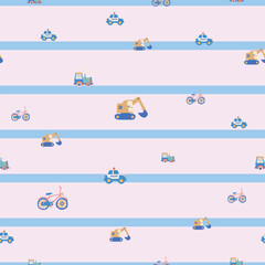 Cars and Construction Vector Seamless Pattern Vehicles Pattern Seamless Vector Design with Diggers, Bikes Excavators
