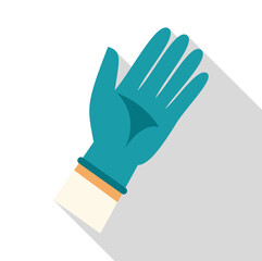 Hand wearing a blue protective medical glove on white background with long shadow