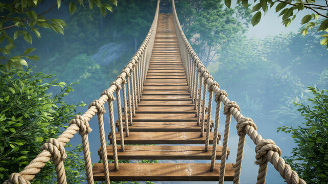 Fototapeta A photorealistic image of a wooden rope bridge suspended over a misty forest landscape