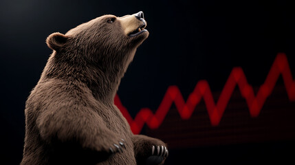 A commanding bear figure, symbolizing market downturn, looms against a stark, declining red line graph. This visual represents financial challenges and economic recession. Ominous.