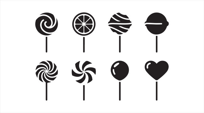 Set of candy and lollipop icons showing swirl, round, citrus, and heart-shaped sweets for confectionery and dessert design